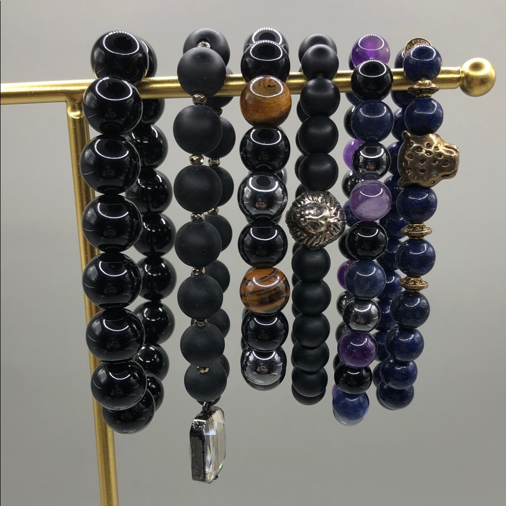 Bundle 6 black stone gemstone lapis lion leopard crystal charms bracelets UNISEX